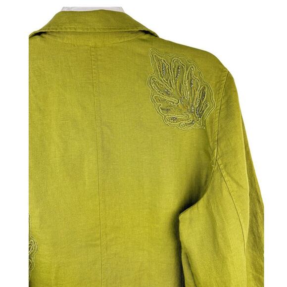 Chico's Jacket Womens 16/18 Olive Green 100% Linen Beaded Zip Front Snap Collar - Picture 6 of 10